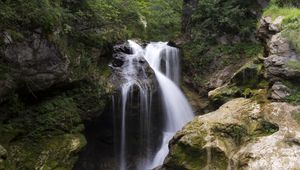 Preview wallpaper waterfall, water, trees, rocks, nature, landscape