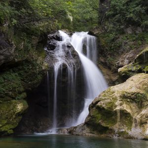Preview wallpaper waterfall, water, trees, rocks, nature, landscape
