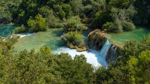 Preview wallpaper waterfall, water, trees, aerial view, landscape