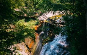 Preview wallpaper waterfall, water, trees, leaves, landscape, nature