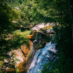 Preview wallpaper waterfall, water, trees, leaves, landscape, nature