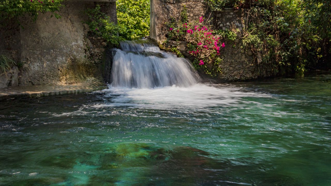 Wallpaper waterfall, water, trees, flowers, nature