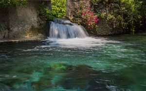 Preview wallpaper waterfall, water, trees, flowers, nature