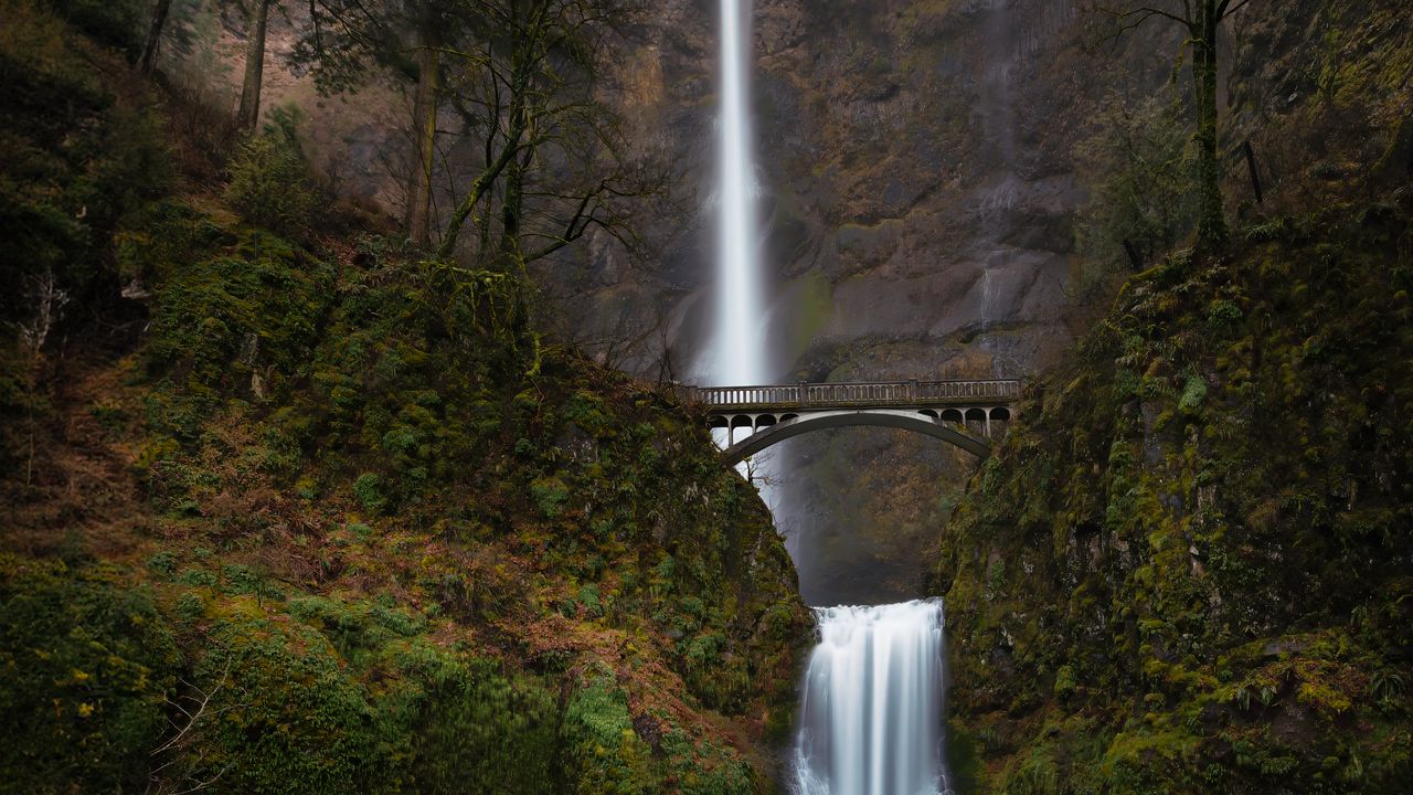 Wallpaper waterfalls, bridge, cliff, landscape, nature