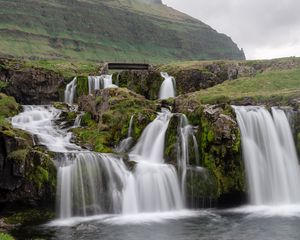 Preview wallpaper waterfalls, bridge, mountain, landscape, nature