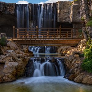 Preview wallpaper waterfalls, bridge, stones, nature