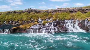 Preview wallpaper waterfalls, cascades, foam, bushes