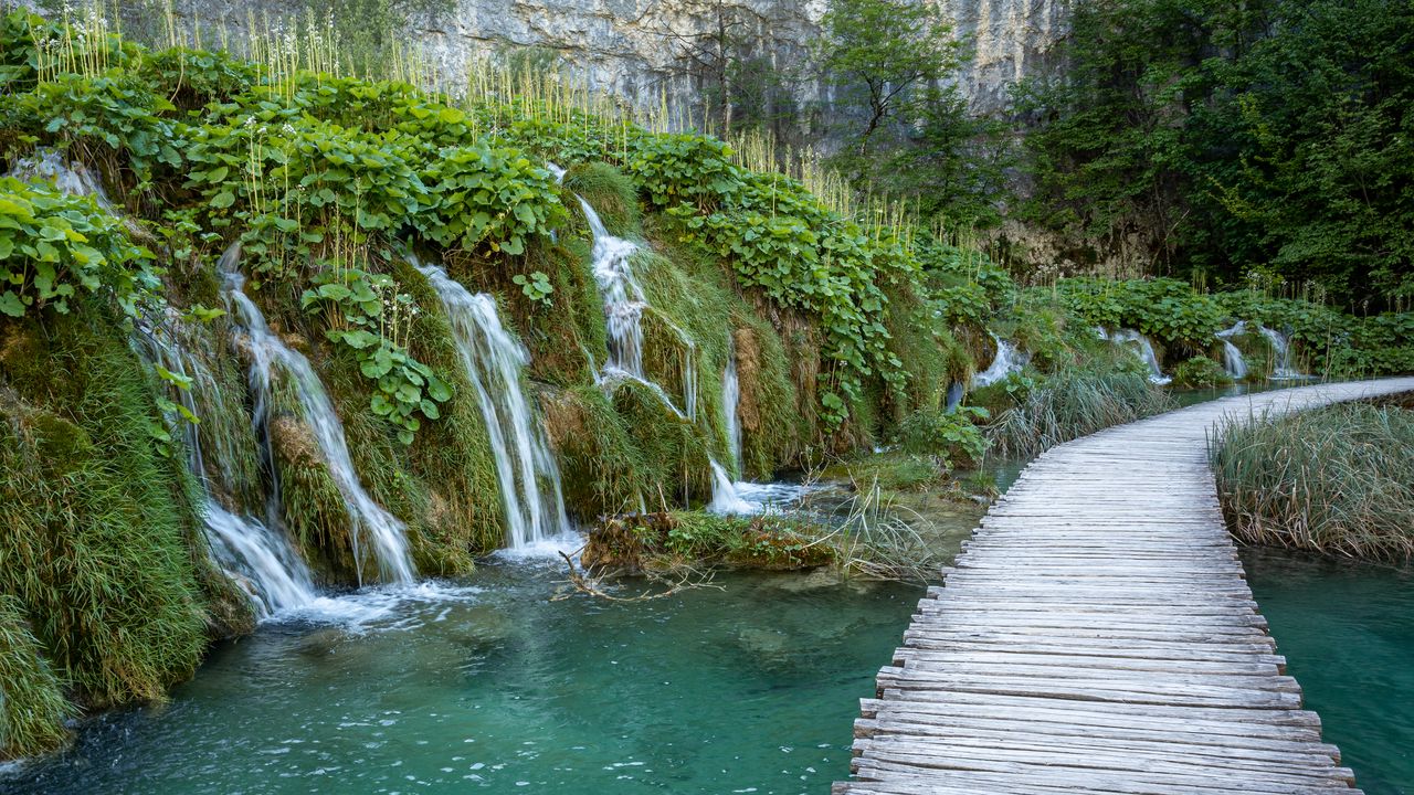 Wallpaper waterfalls, river, leaves, landscape, nature