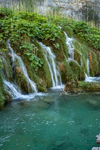 Preview wallpaper waterfalls, river, leaves, landscape, nature