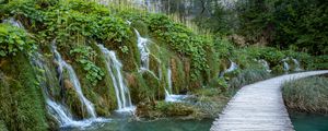 Preview wallpaper waterfalls, river, leaves, landscape, nature