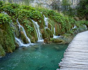 Preview wallpaper waterfalls, river, leaves, landscape, nature