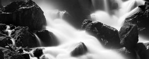 Preview wallpaper waterfalls, stones, water, black and white, nature