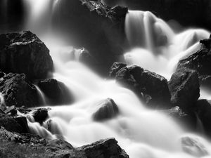 Preview wallpaper waterfalls, stones, water, black and white, nature