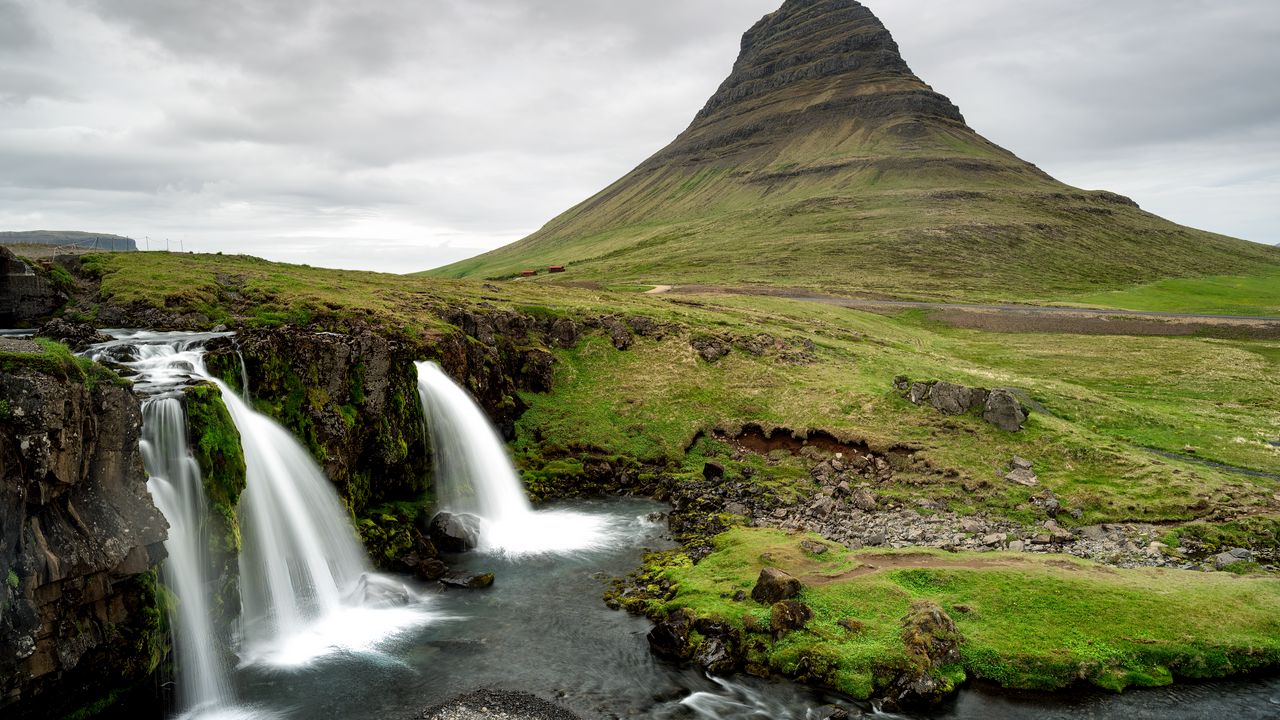 Wallpaper waterfalls, water, grass, landscape