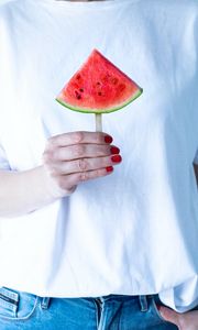 Preview wallpaper watermelon, fruit, hand, girl