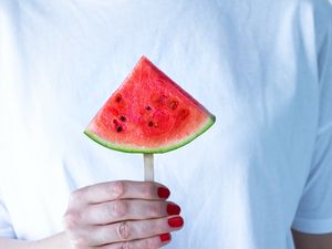 Preview wallpaper watermelon, fruit, hand, girl