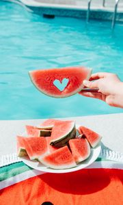 Preview wallpaper watermelon, fruit, heart, hand, dish