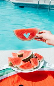 Preview wallpaper watermelon, fruit, heart, hand, dish