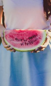 Preview wallpaper watermelon, girl, hands, dress