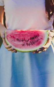 Preview wallpaper watermelon, girl, hands, dress