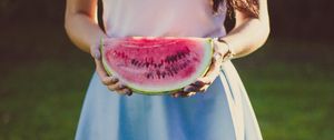 Preview wallpaper watermelon, girl, hands, dress