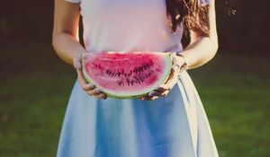 Preview wallpaper watermelon, girl, hands, dress