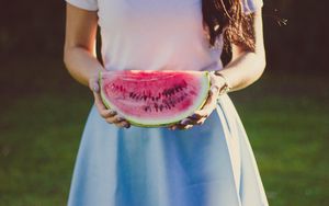 Preview wallpaper watermelon, girl, hands, dress