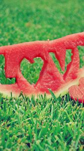 Preview wallpaper water-melon, inscription, love, word, lawn, grass
