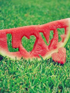 Preview wallpaper water-melon, inscription, love, word, lawn, grass