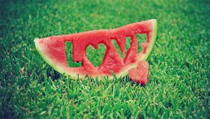 Preview wallpaper water-melon, inscription, love, word, lawn, grass