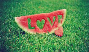 Preview wallpaper water-melon, inscription, love, word, lawn, grass