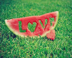 Preview wallpaper water-melon, inscription, love, word, lawn, grass