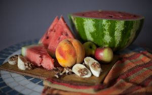 Preview wallpaper watermelon, peach, apples, bananas, walnuts