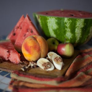 Preview wallpaper watermelon, peach, apples, bananas, walnuts