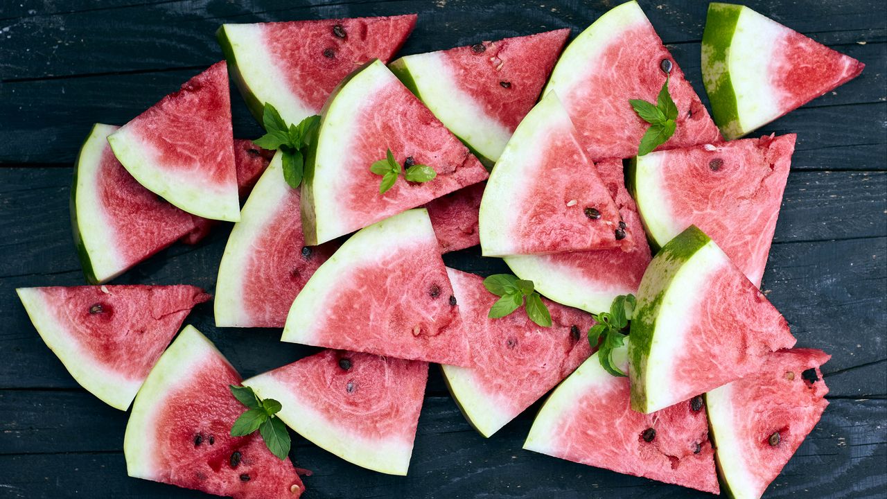 Wallpaper watermelon, slices, mint, red, ripe