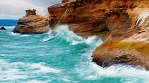 Preview wallpaper waves, blue water, coast, rocks, bright