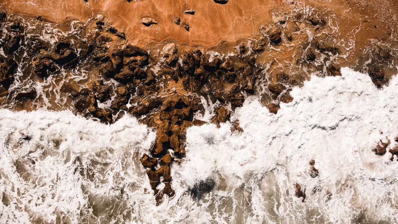 Wallpaper waves, coast, aerial view, sea