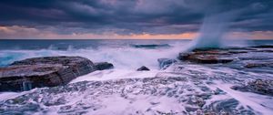 Preview wallpaper waves, coast, stone, storm, splashes, cloudy, splash, horizon, foam, clouds