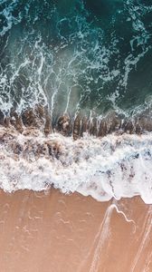 Preview wallpaper waves, foam, aerial view, beach, sand