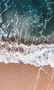 Preview wallpaper waves, foam, aerial view, beach, sand