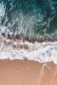 Preview wallpaper waves, foam, aerial view, beach, sand