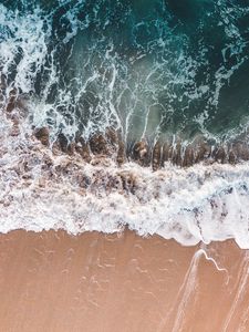 Preview wallpaper waves, foam, aerial view, beach, sand