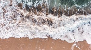 Preview wallpaper waves, foam, aerial view, beach, sand