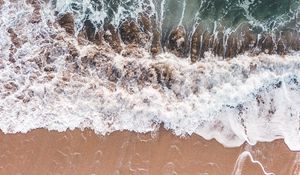 Preview wallpaper waves, foam, aerial view, beach, sand
