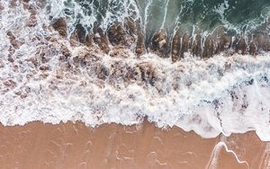 Preview wallpaper waves, foam, aerial view, beach, sand