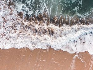 Preview wallpaper waves, foam, aerial view, beach, sand