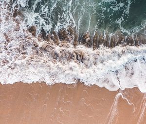 Preview wallpaper waves, foam, aerial view, beach, sand