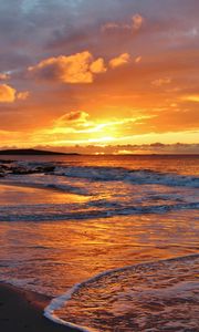 Preview wallpaper waves, foam, sunset, shore