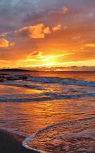 Preview wallpaper waves, foam, sunset, shore