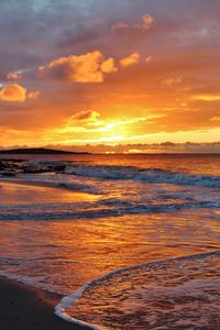 Preview wallpaper waves, foam, sunset, shore